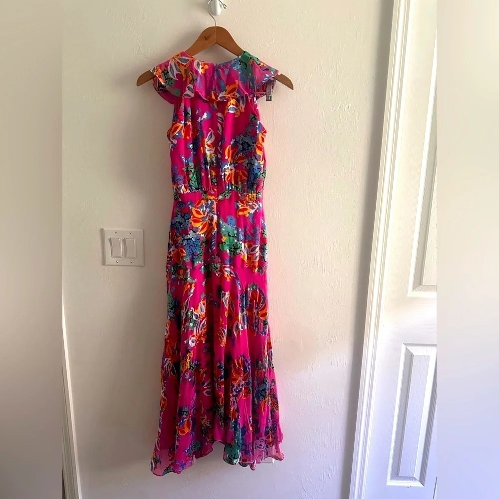 SALONI Rita Floral Silk Midi Dress in Pink Begonia Sz XS